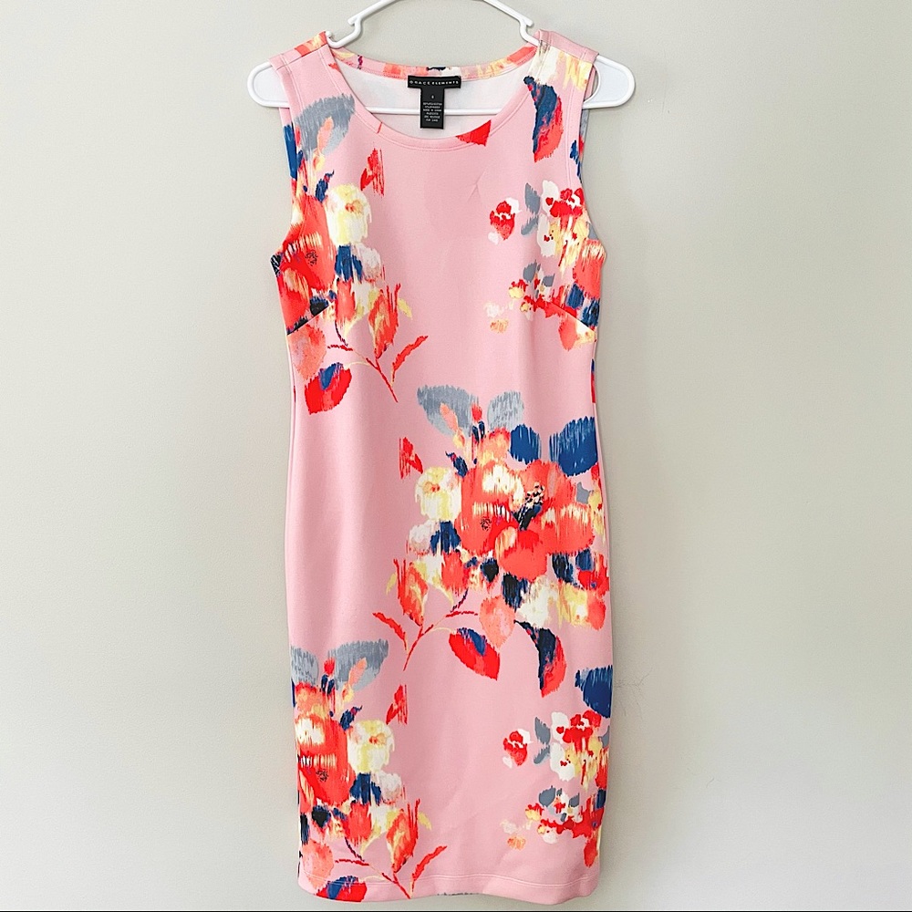 Pink Floral Summer Scuba Stretch Dress